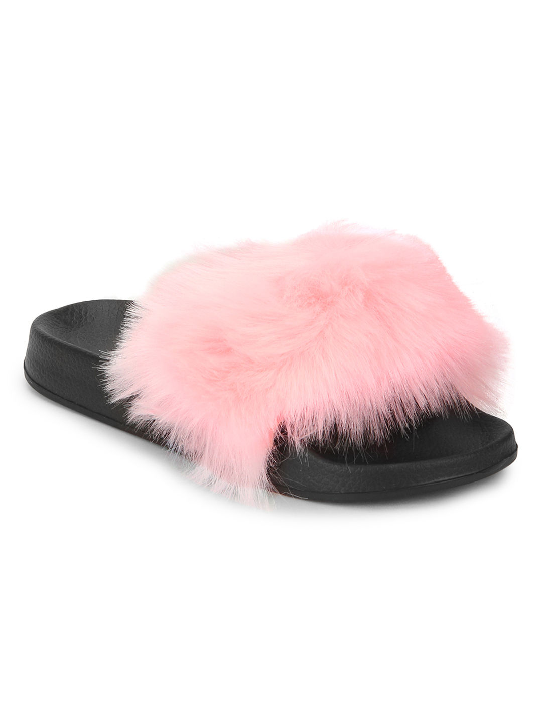 Black fluffy discount sliders with strap