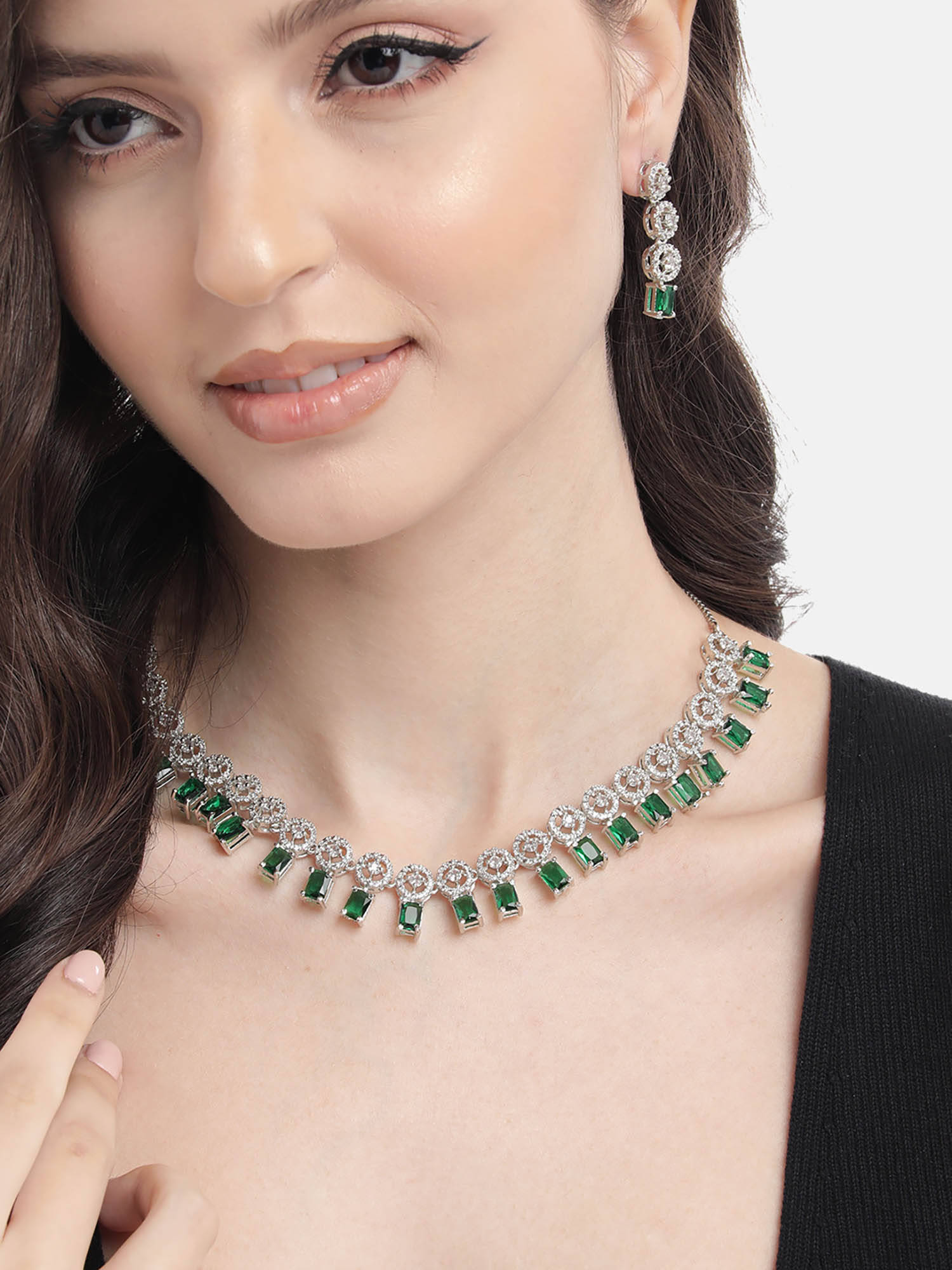 STILEADDA Silver Plated Green Square Ad Jewellery Set