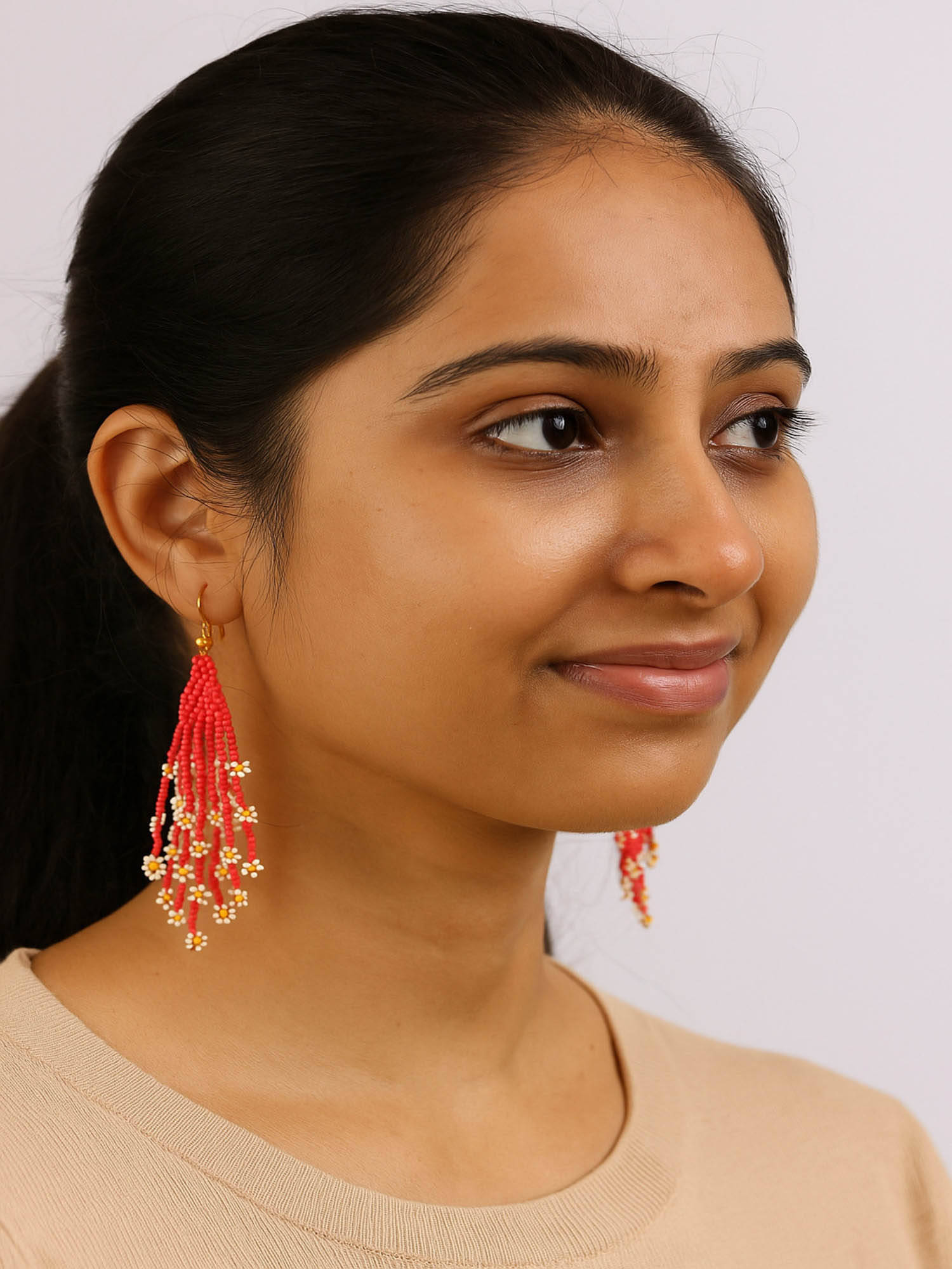 Jewelz Handmade Red Beaded Floral Tassel Drop Earrings