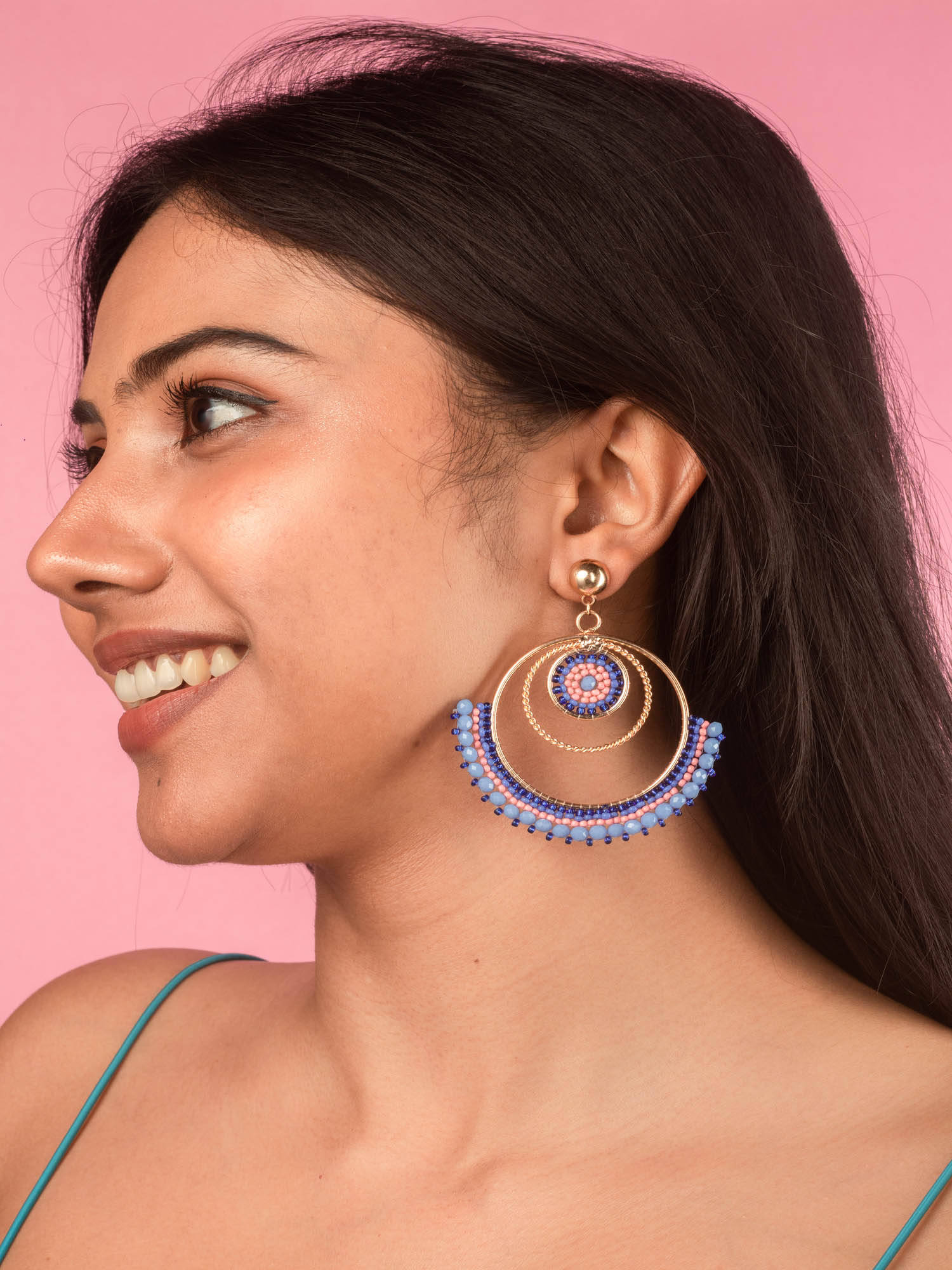 Jewelz Elegant Blue and Pink Beaded Dangler Earrings