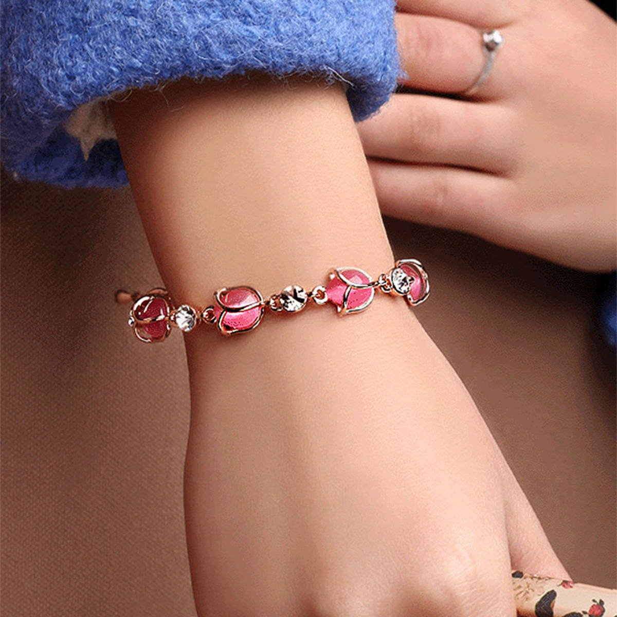 Yellow Chimes Women Pink and Rose Gold-Plated Opal Link Bracelet