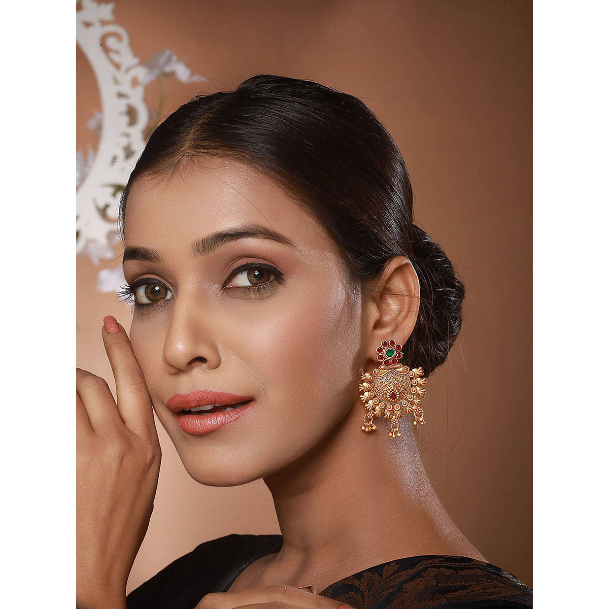 Aatmana Gold Plated Red and Green Stone-Studded Chandbali Earrings