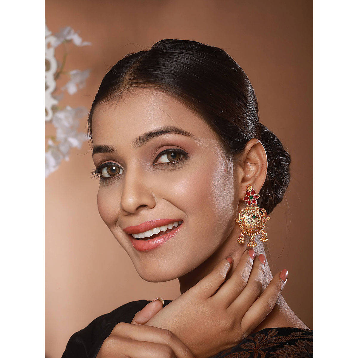 Aatmana Gold Plated Red and Green Stone-Studded Textured Drop Earrings