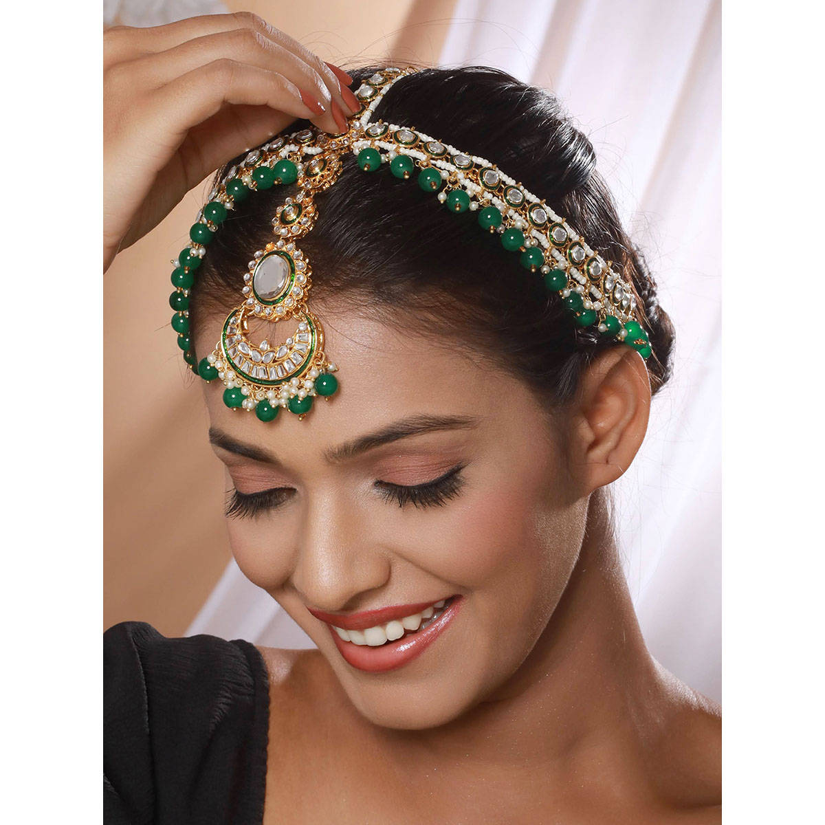 Aatmana Gold-Plated Green Pearls Stone Studded Mathapatti