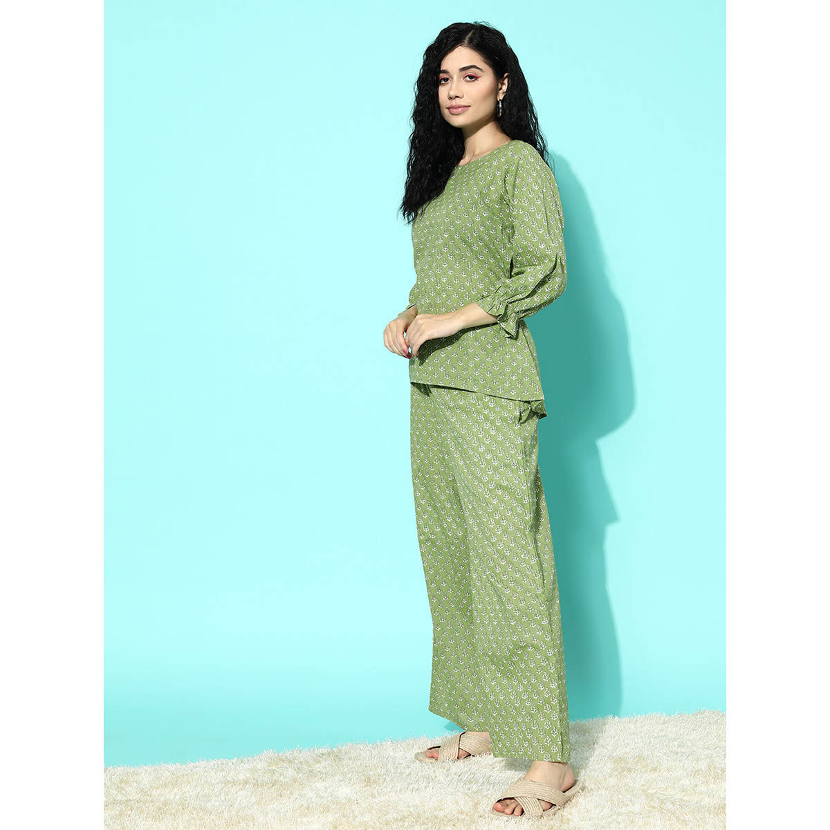 Buy Libas Green cotton floral printed with front tieup detail night