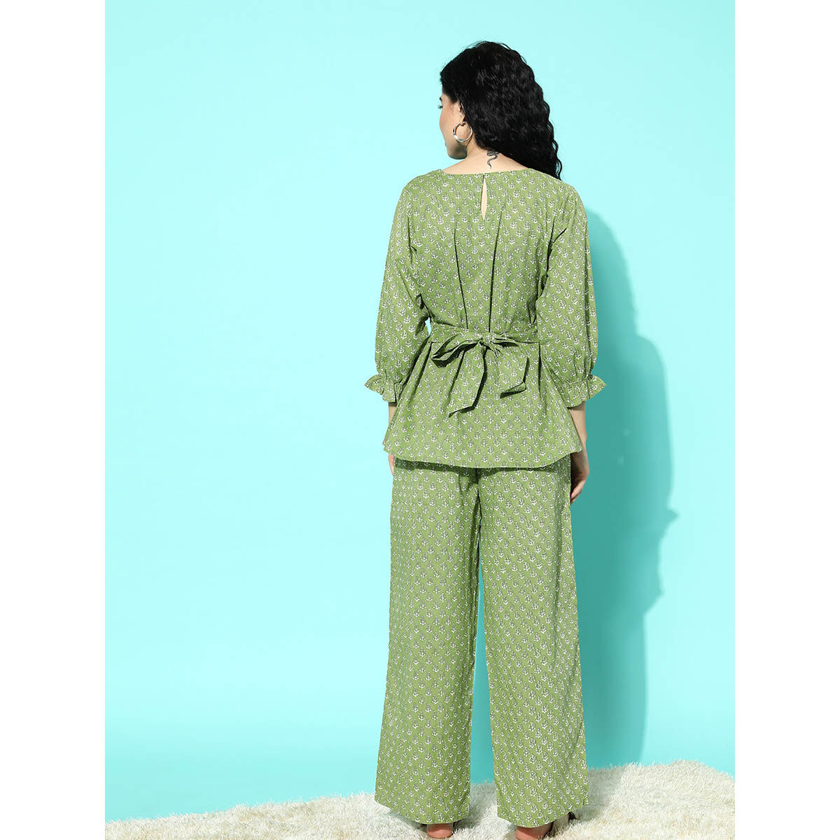 Buy Libas Green cotton floral printed with front tieup detail night