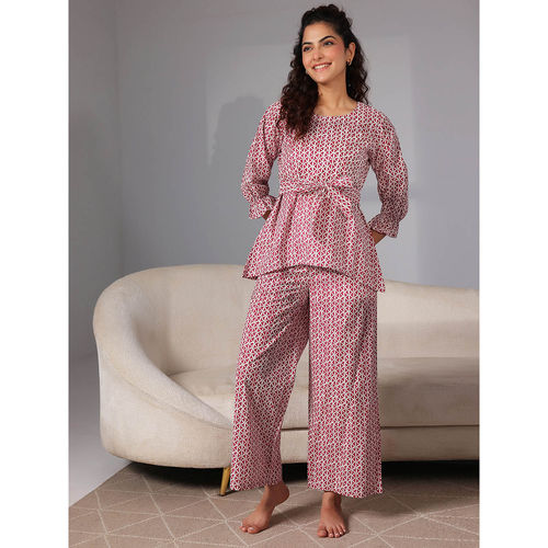 Libas Pink abstract printed top with attached waistbelt and printed pyjamas  (2XL)