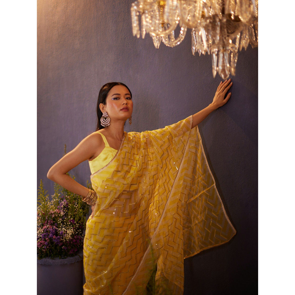 Buy Yellow Hand Embroidered Mukaish Chiffon Saree Online at Jaypore.com