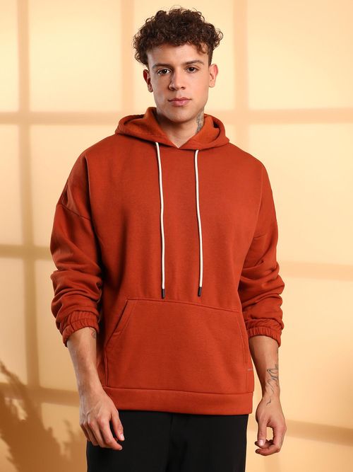 Oversized Pullover Hoodie Campus Sutra Men Burnt Orange