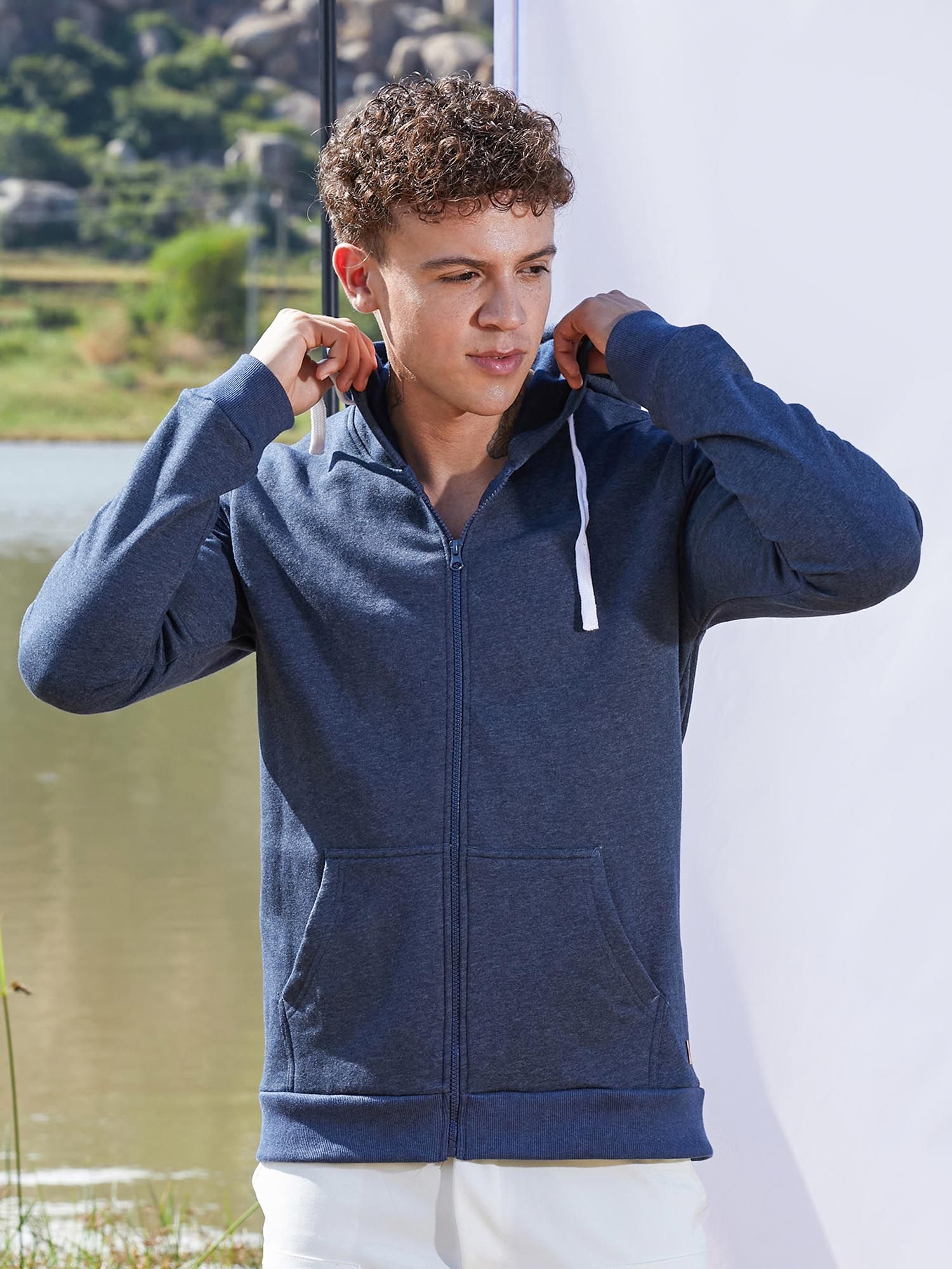 Buy Campus Sutra Men Dark Blue Zip Front Hoodie with Contrast Drawstring Online