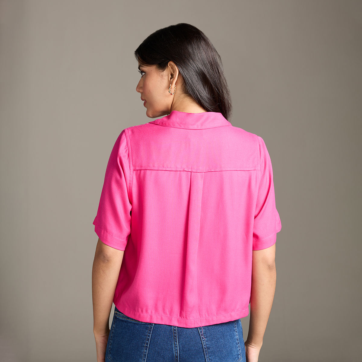 Buy Twenty Dresses By Nykaa Fashion Fuchsia Pink Solid Resort Collar Crop Shirt Online