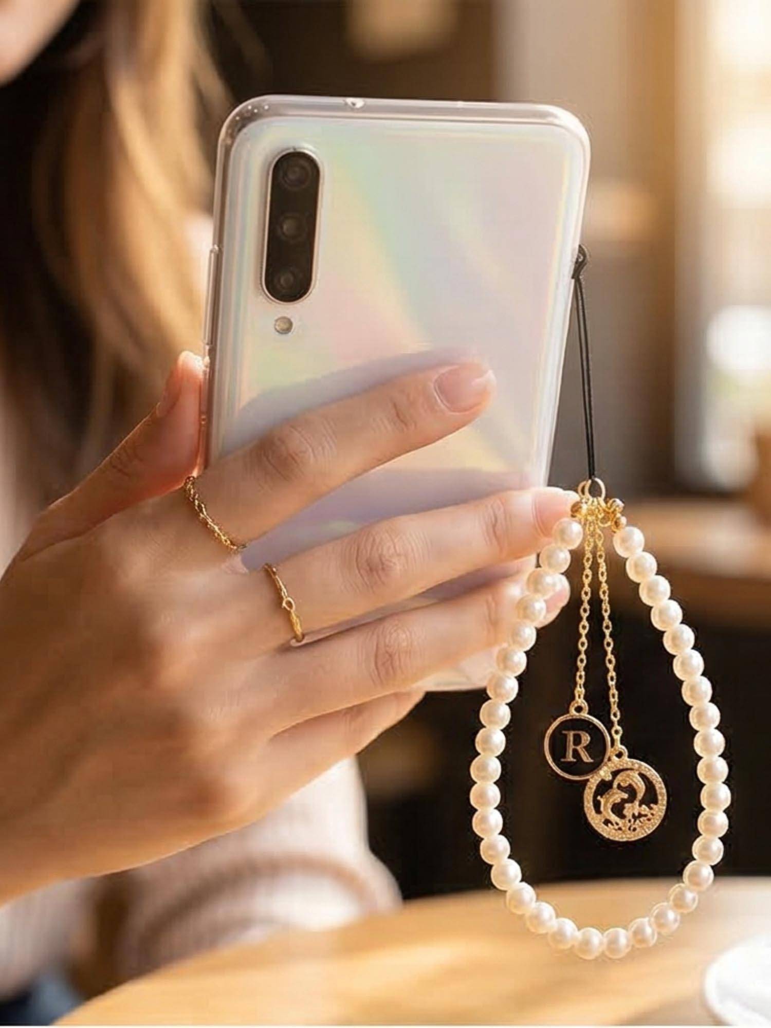 YELONA Handmade Pearl and Dolphin Charm Phone Lanyard Strap with Initial R