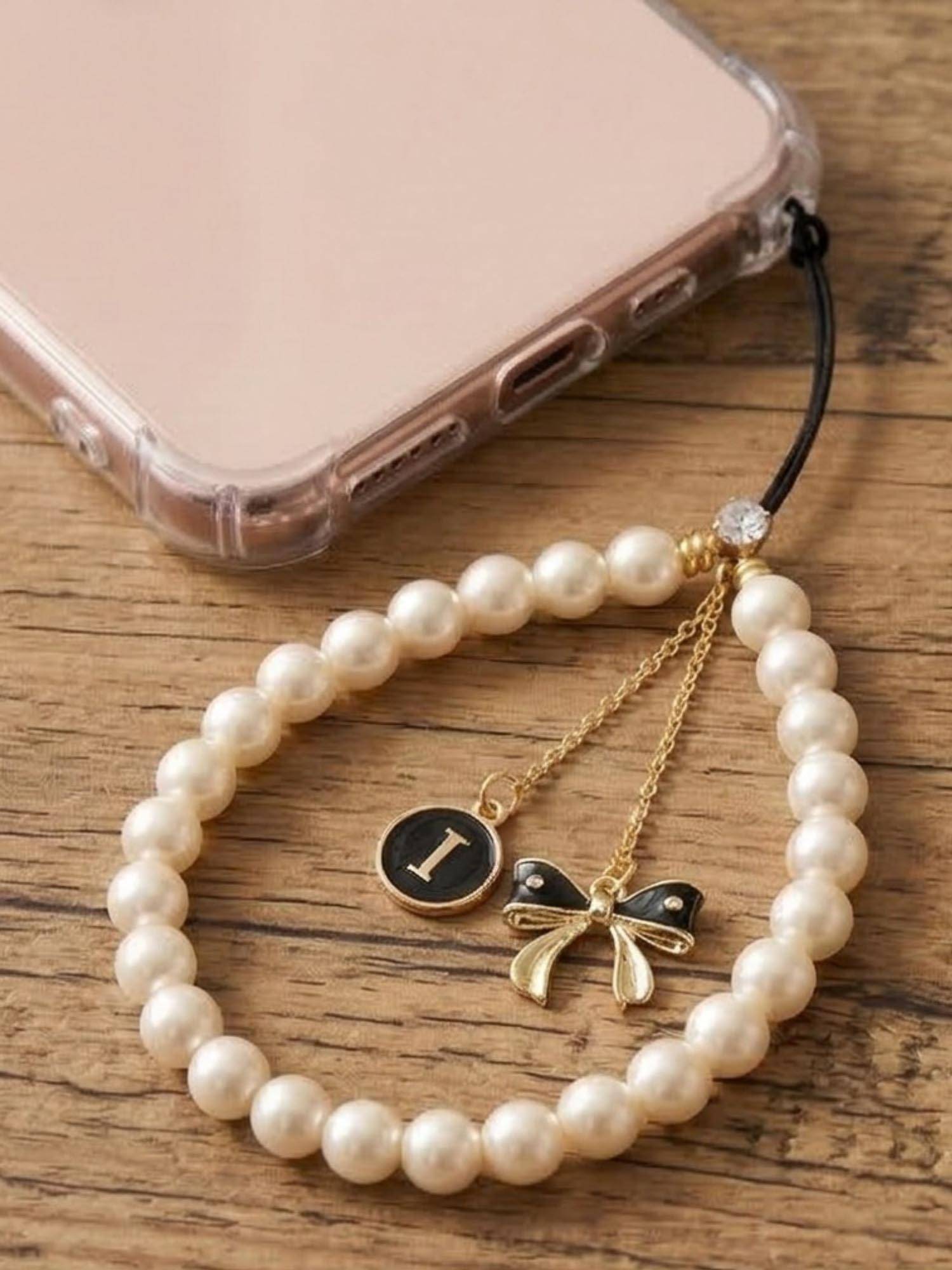 YELONA Pearl Beaded Mobile Phone Charm Strap with Initial I and Bow Detail