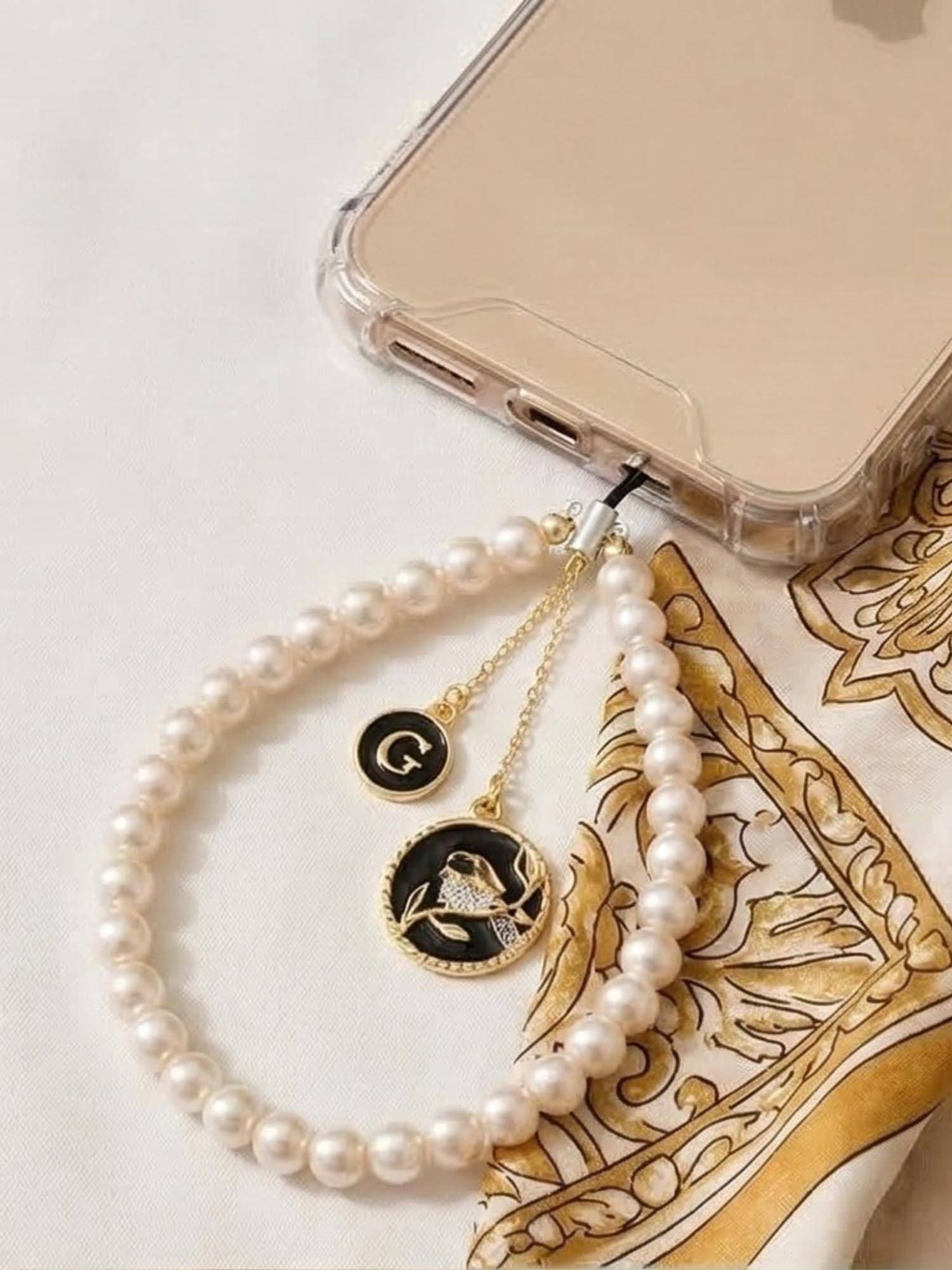 YELONA Handmade Pearl and GoldFloral Beaded Mobile Charm with Initial 'G' Pendant