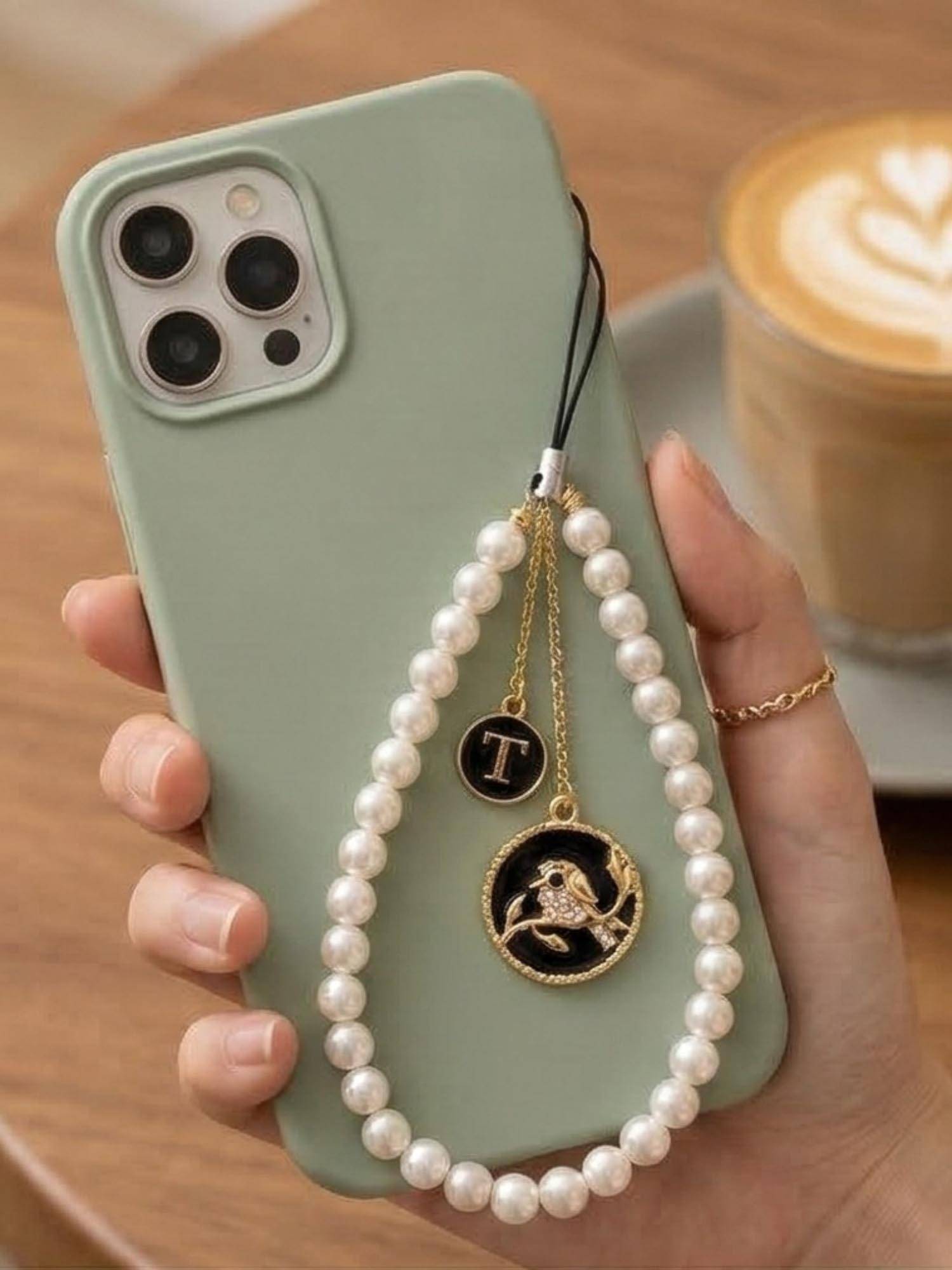 YELONA Pearl Beaded Phone Charm with Gold Bird and Initial T Pendant