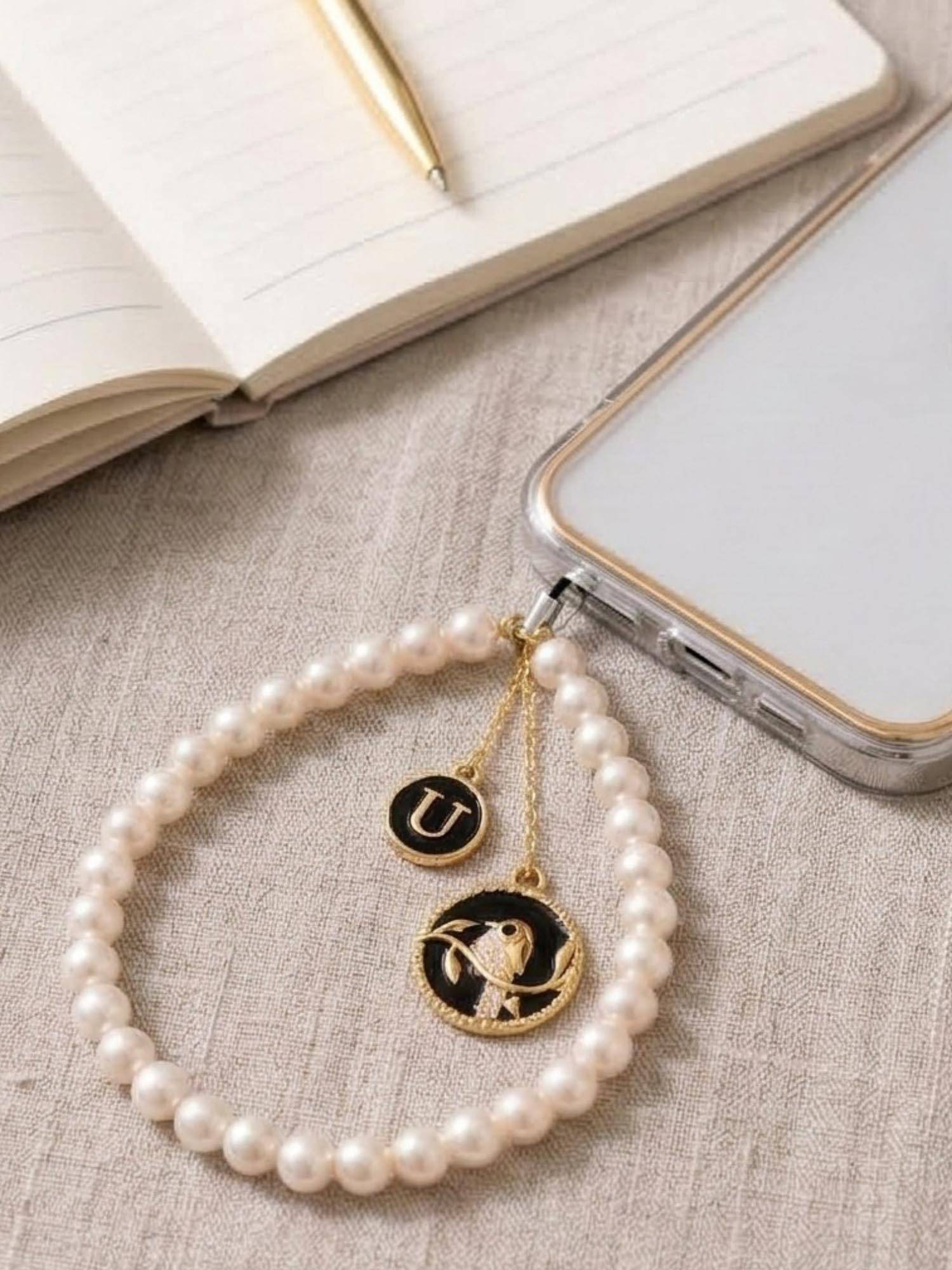 YELONA Handmade Pearl and Bird Charm Mobile Strap with Gold Letter U Differentiator| White
