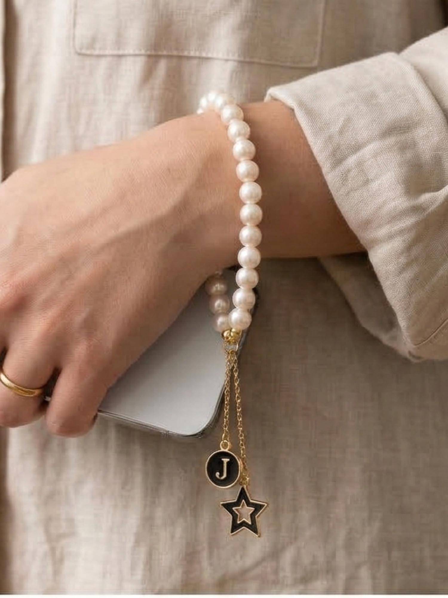 YELONA Handmade Pearl Beaded Phone Charm Strap with Initial "J"