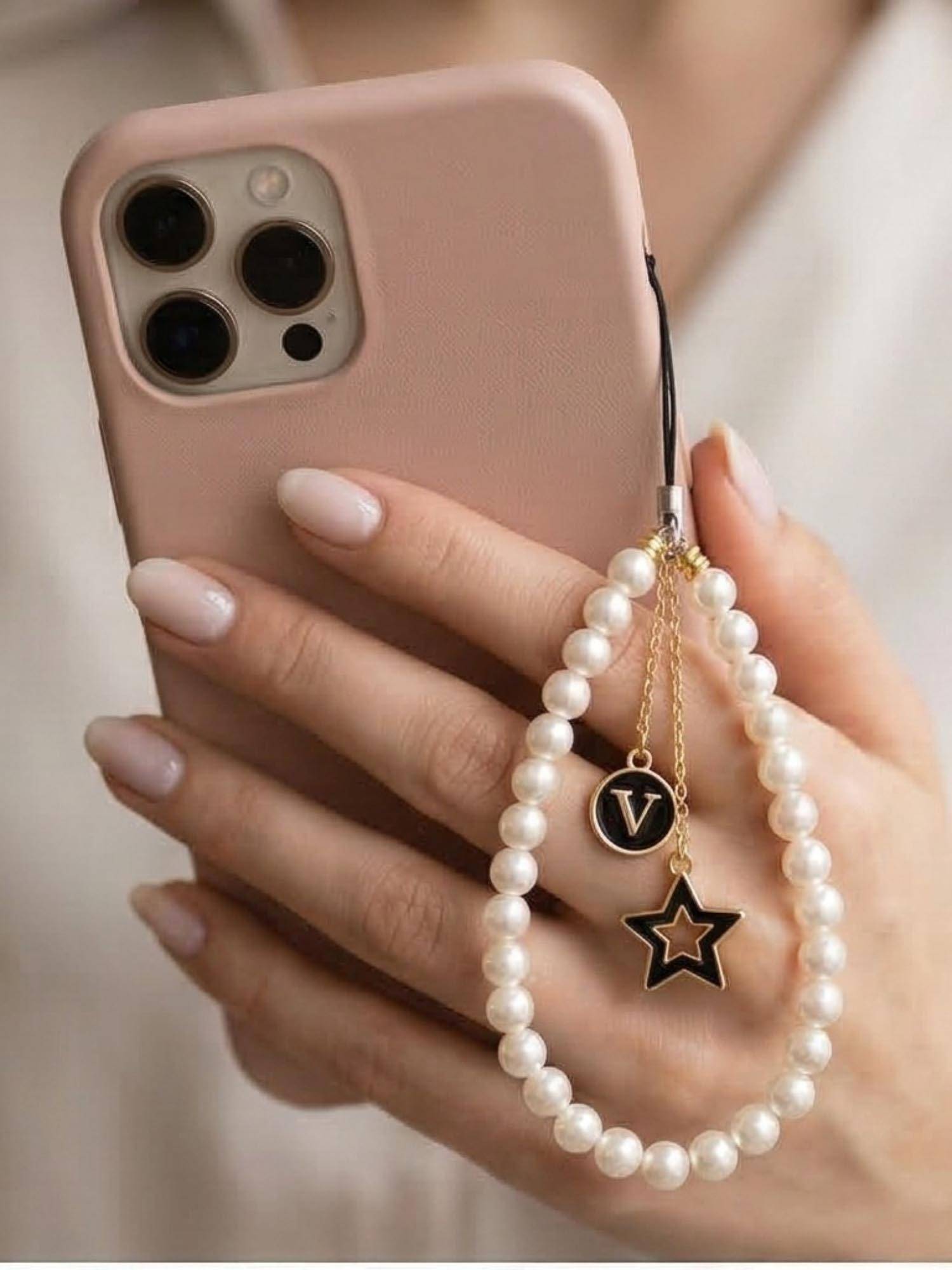 YELONA Handmade Pearl Beaded Phone Charm Strap with Initial "V"