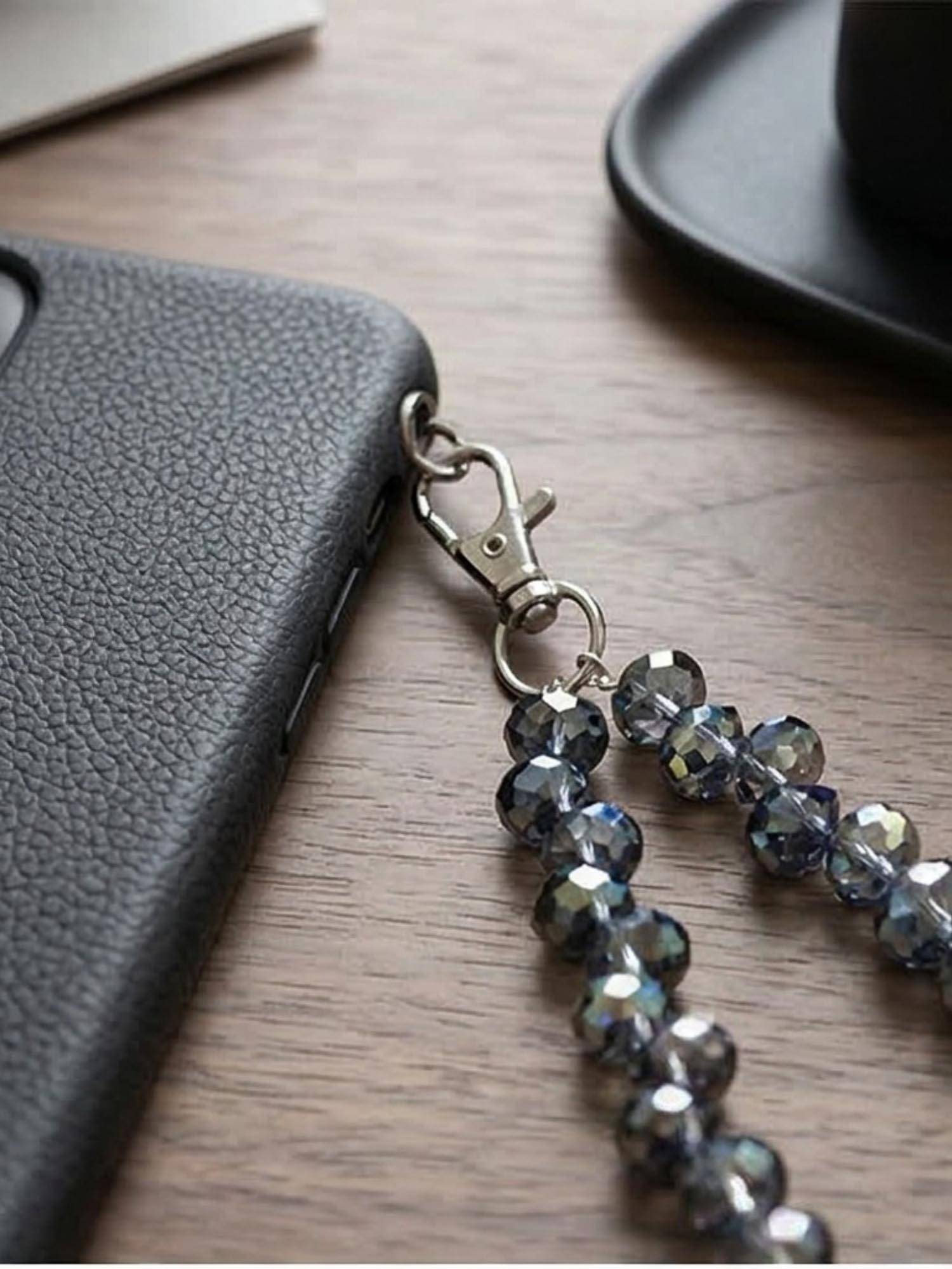 YELONA Handmade Beaded Phone Charm| Iridescent Crystal Wristlet Strap| Grey and Blue