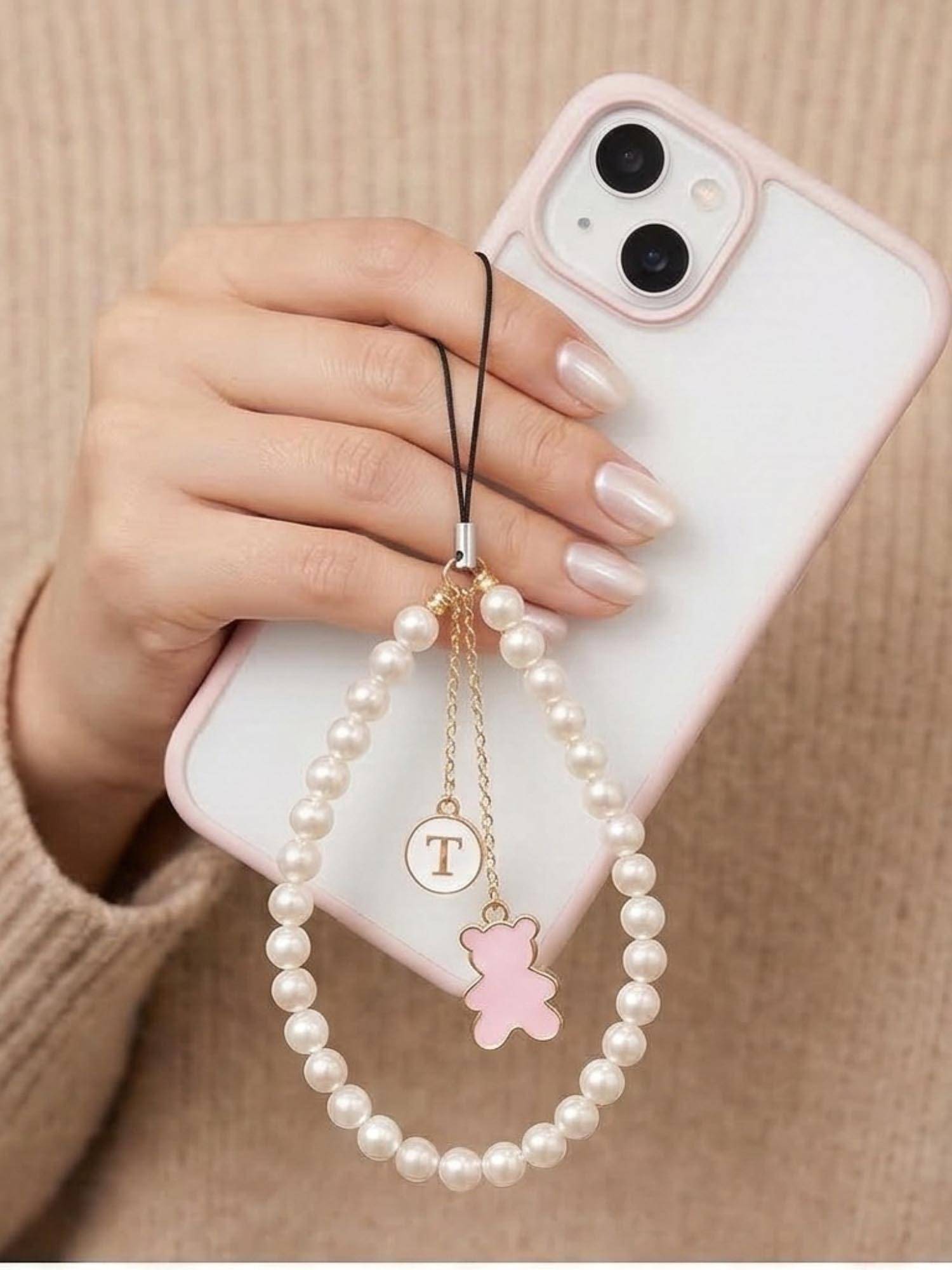 YELONA Handmade Pearl Beaded Phone Charm Strap with Pink Teddy