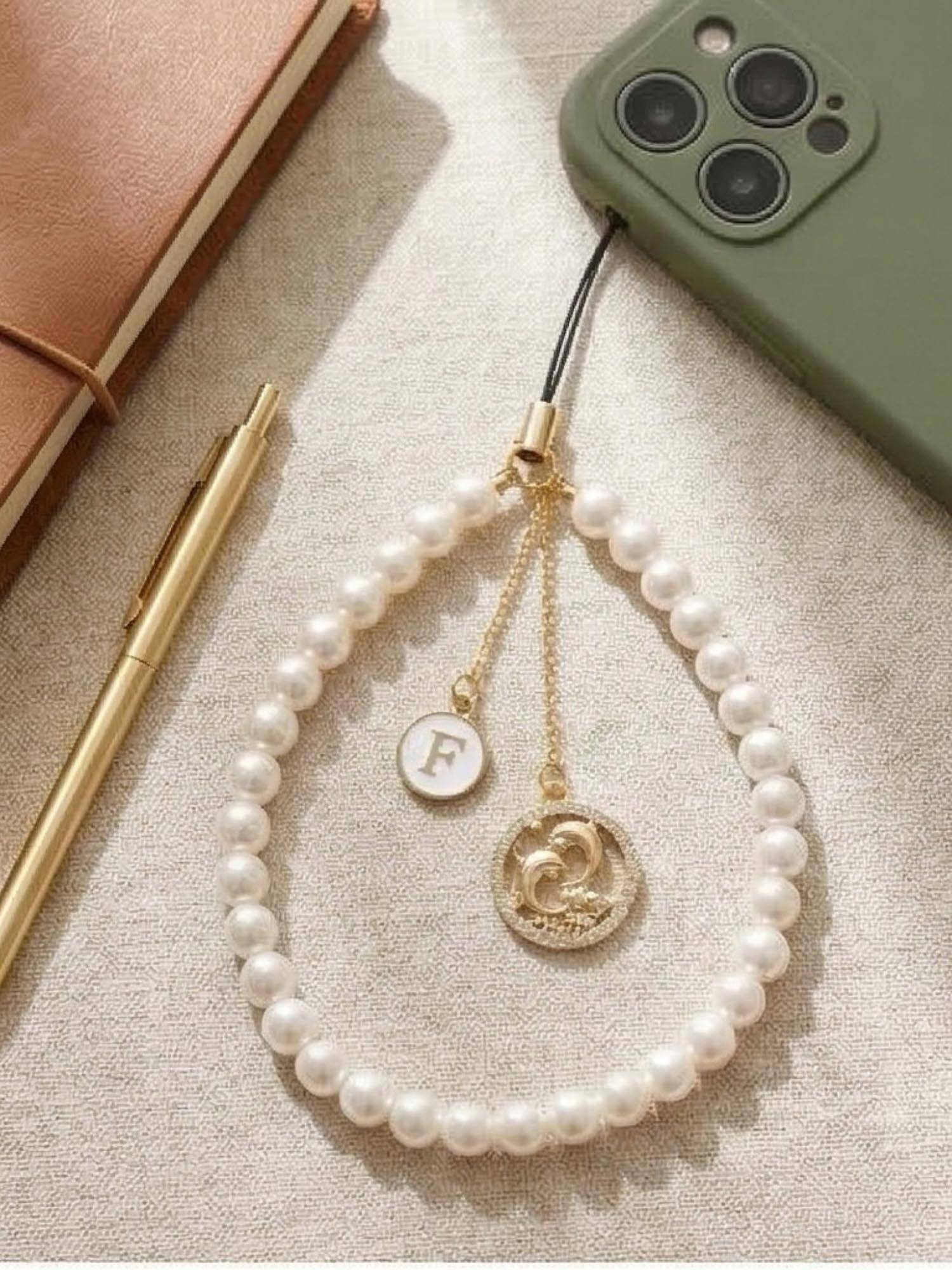YELONA Handmade Pearl Beaded Phone Charm Strap with Initial Pendant