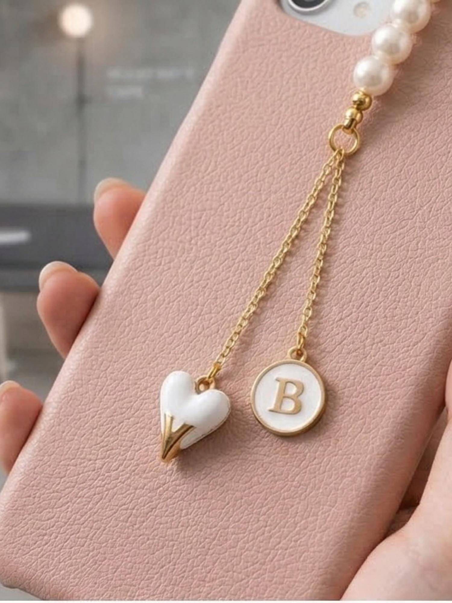 YELONA Handmade Pearl Beaded Phone Charm Strap with Initial "B"