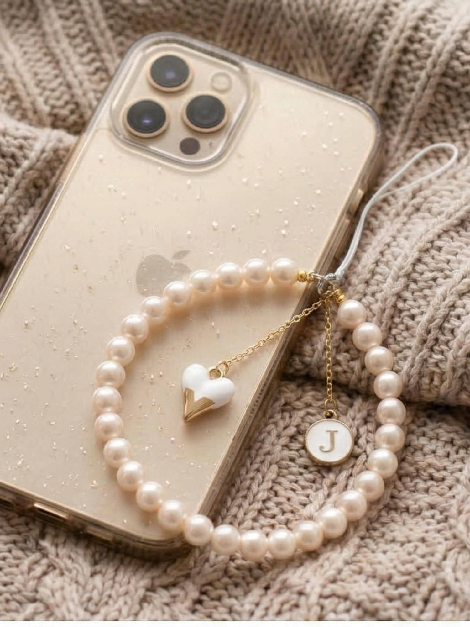 YELONA Handmade Pearl Beaded Phone Charm Strap with Initial "J"