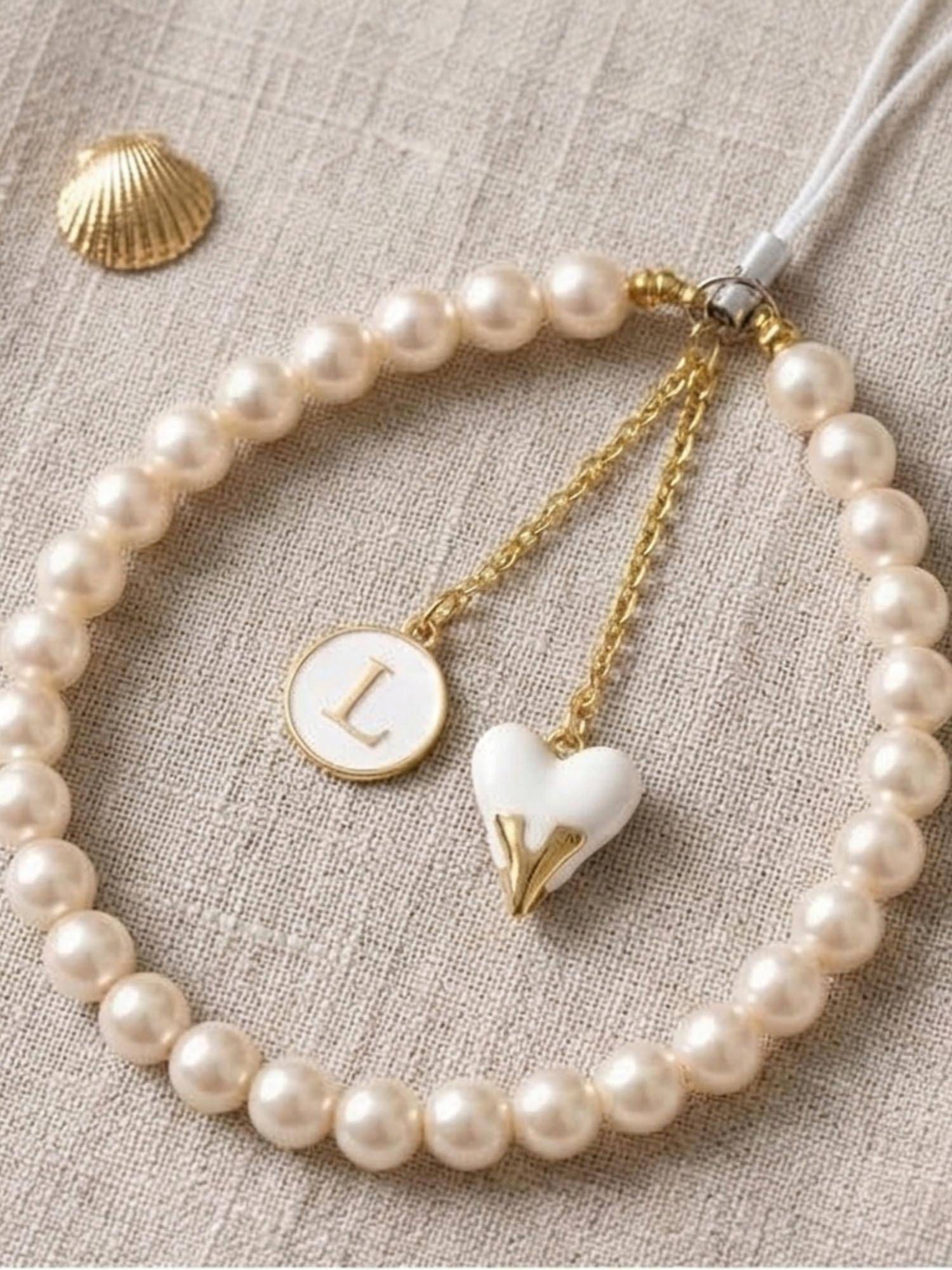 YELONA Handmade Pearl Beaded Phone Charm Strap with Initial "L"