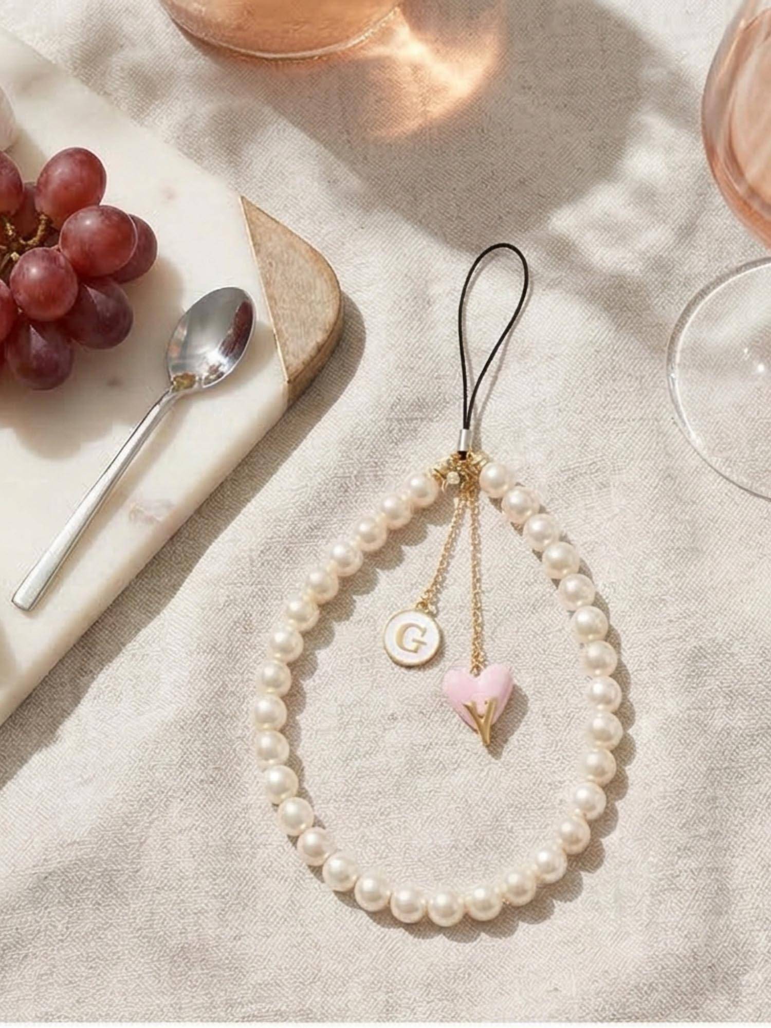 YELONA Handmade Pearl Beaded Phone Charm Strap with Initial "G"