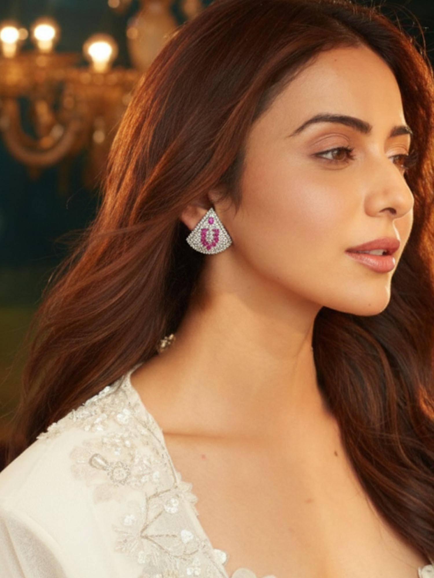 Accessher Silver Pink Crystal Teardrop Stud Earrings for Women