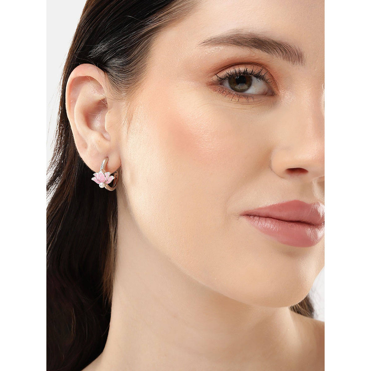 Carlton London Rhodium Plated Enamel Floral Half Hoop Earring