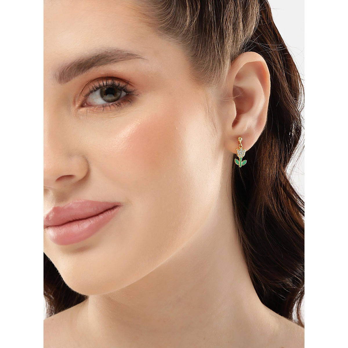 Carlton London 18Kt Gold Plated With Tulip Dangling Enamel Stud Earring