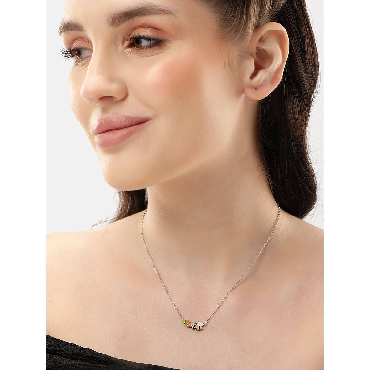 Carlton London Rhodium Plated Floral Bee Enamel Necklace
