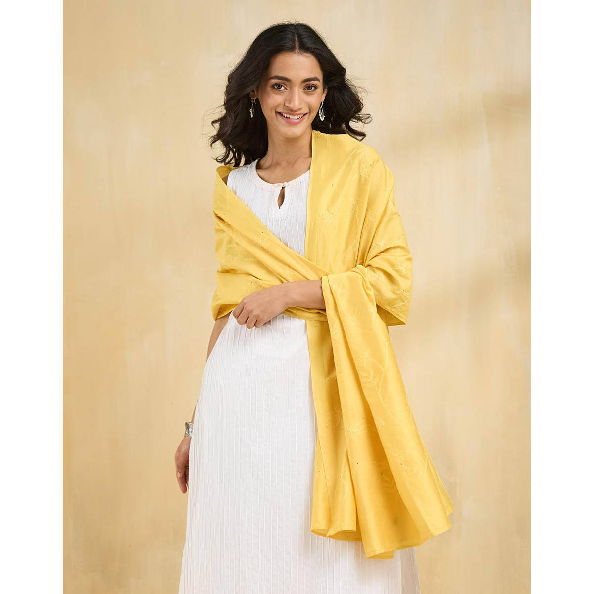Fabindia Yellow Cotton Silk Chikankari Stole