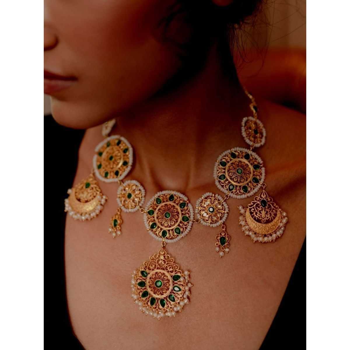 ZARIIN Green White Pearls Gold Plated Anarkali Necklace Buy ZARIIN Green White Pearls Gold