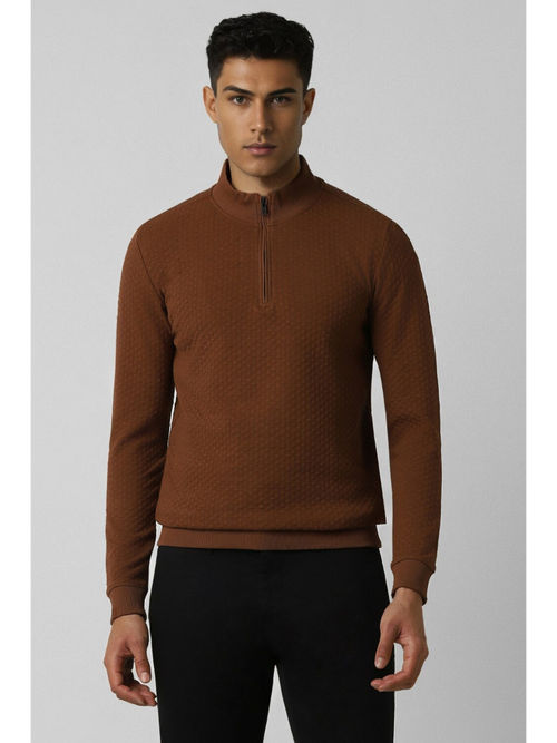 Brown High Neck Sweat Shirt Van Heusen Men Brown Textured High