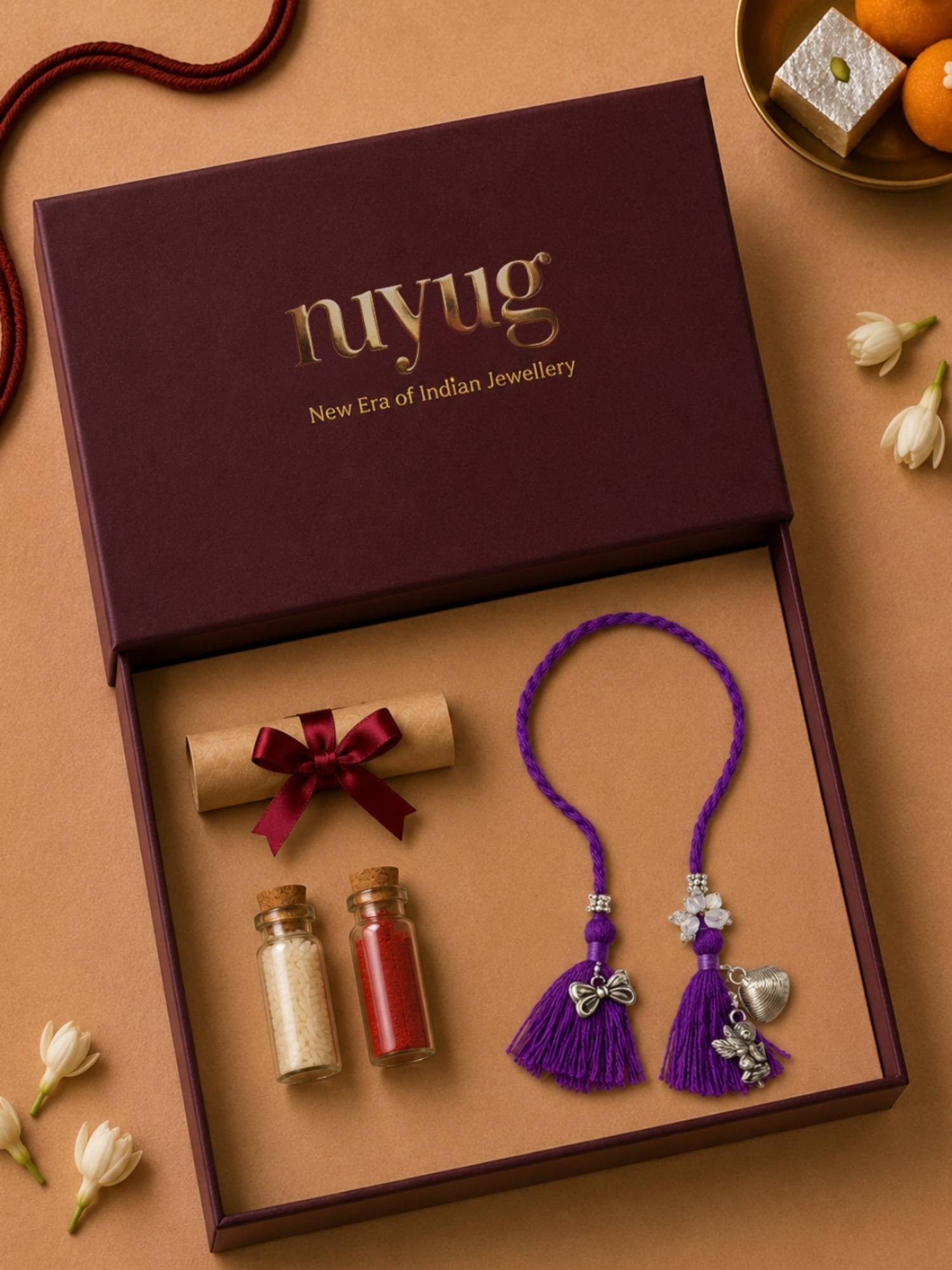 Nuyug Purple Floral Tassel Lumba Rakhi Gift Set