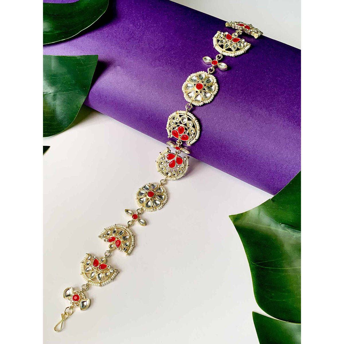 I Jewels Gold Plated Antique Handcrafted Floral Pink Kundan Pearl Sheeshphool