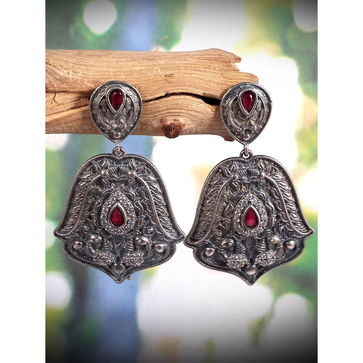 VIRAASI Oxidised Red Stone Studded Dangler Earring