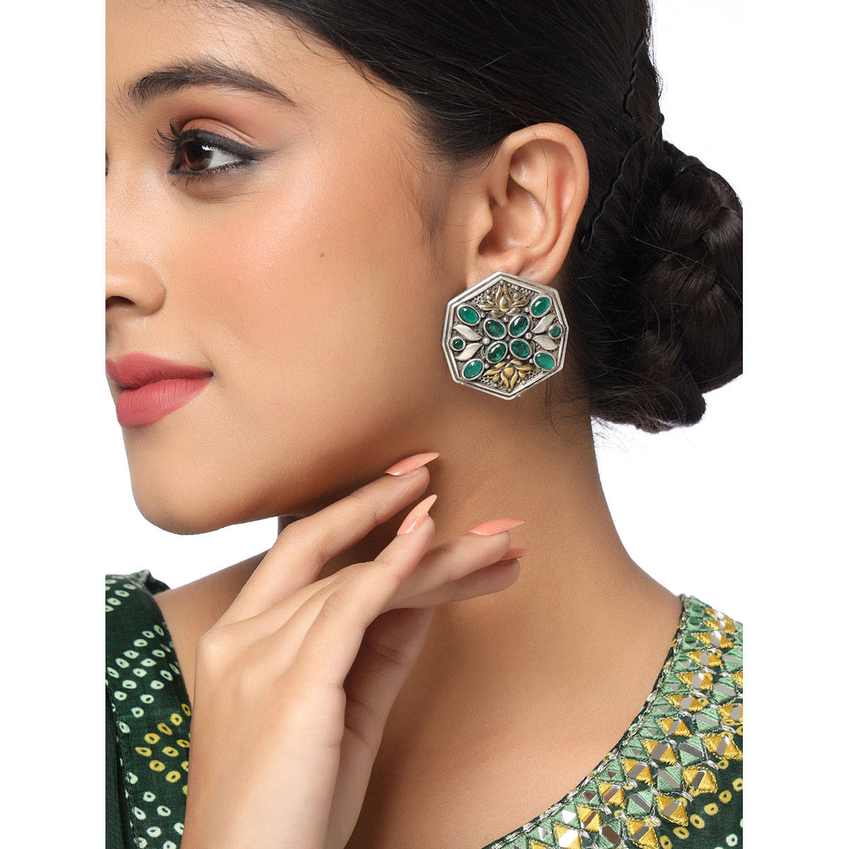 VIRAASI Dual Tone Green Stone Studded Earring