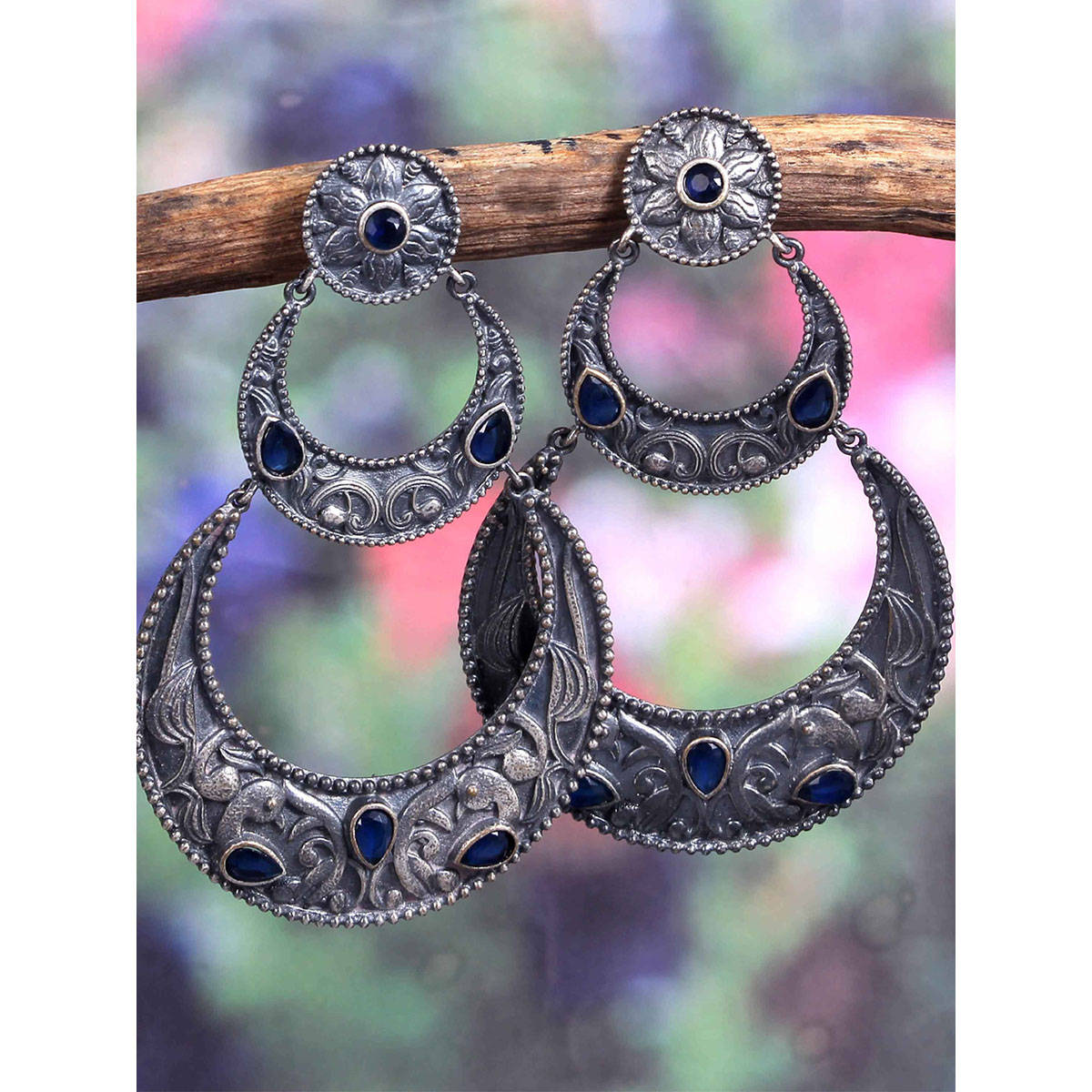 VIRAASI Oxidised Blue Stone Dangler Earrings