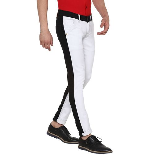 Urbano Fashion Men White Black Color-Block Slim Fit Washed Jeans Stretch