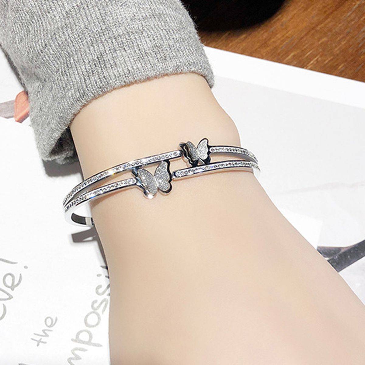 Designs & You Stainless Steel Silver Plated Butterfly Inspired American Diamond Studded Bracelet