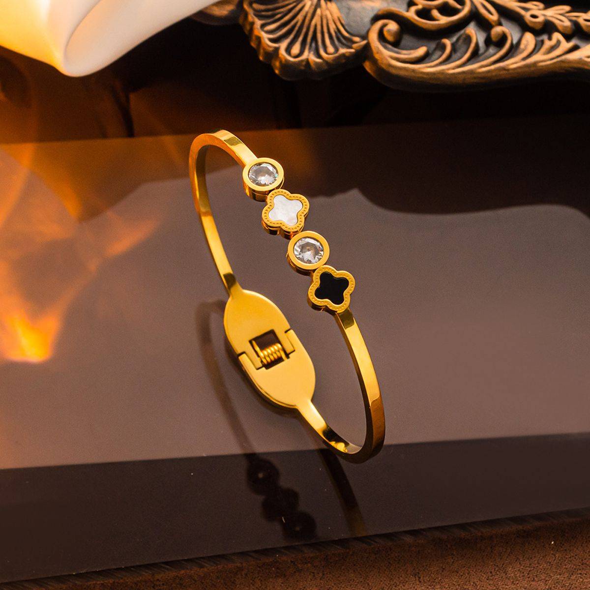 Designs & You Stainless Steel Gold Plated Mother Of Pearls Leaf Clover Bracelet