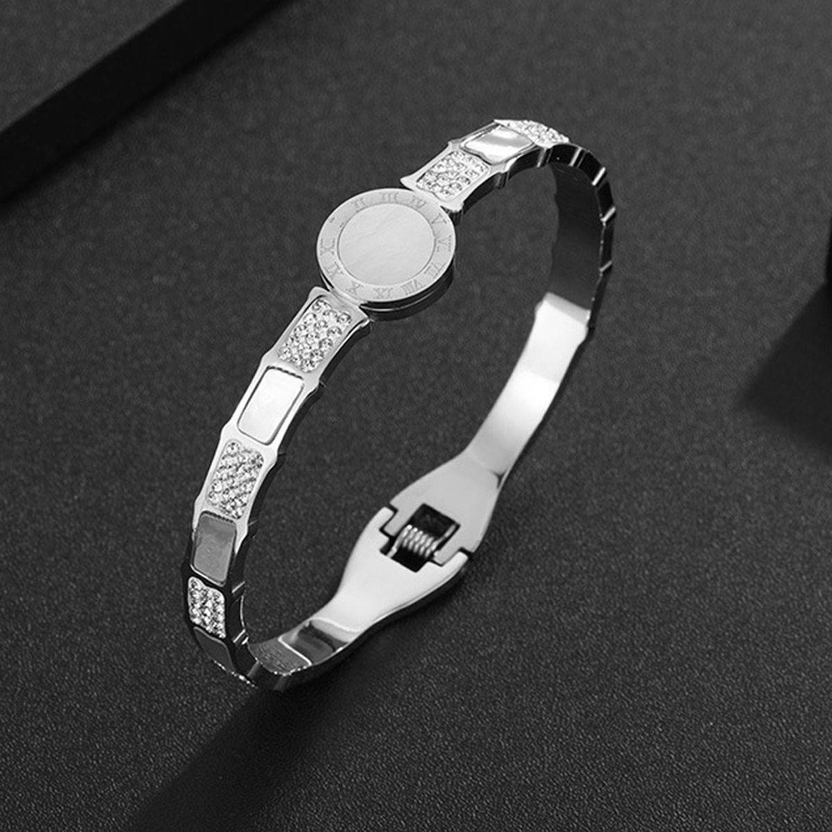 Designs & You Stainless Steel Silver Plated Mother Of Pearl Roman Numerals Ad Studded Bracelet
