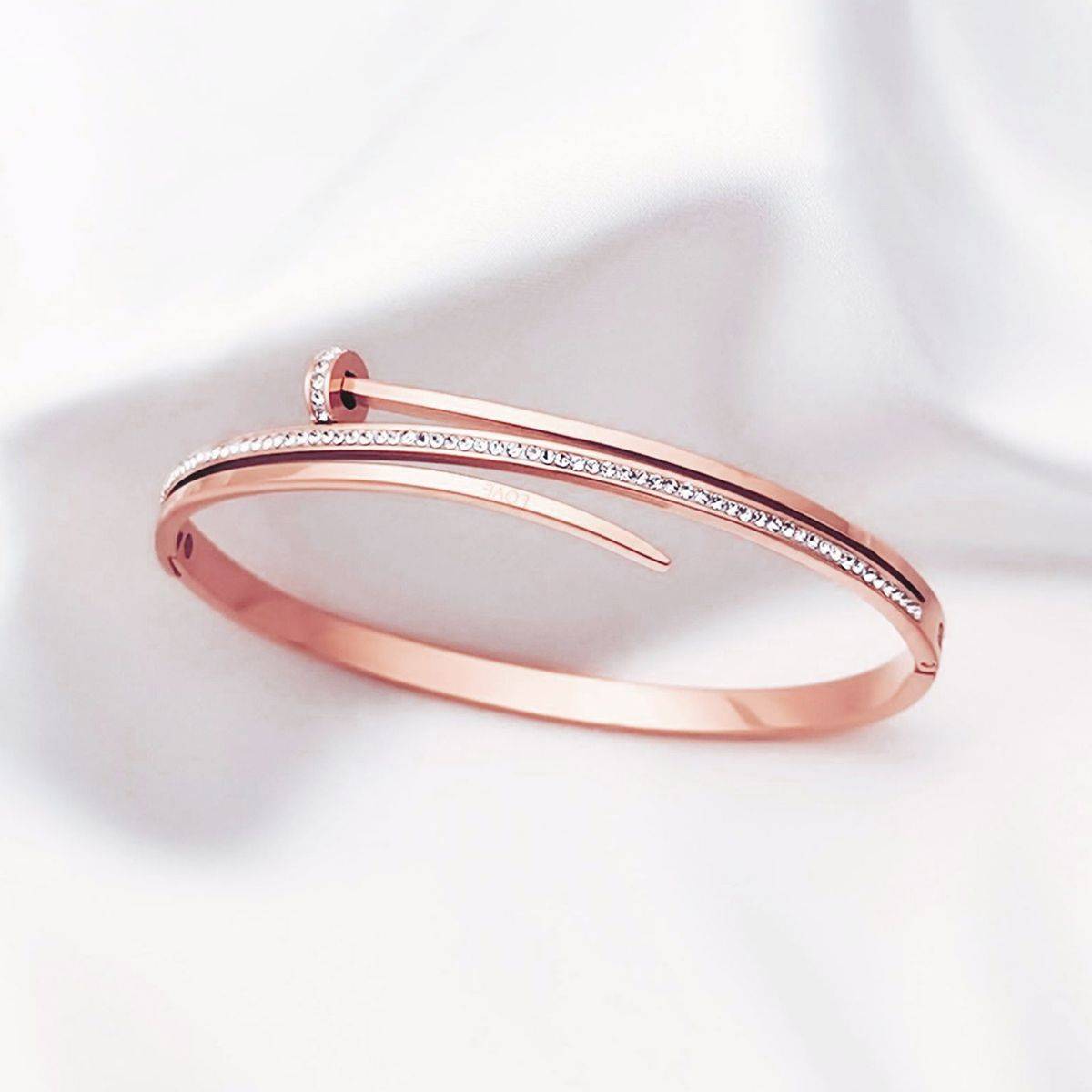 Designs & You Stainless Steel Rose Gold Plated American Diamond Studded Nail Inspired Bracelet