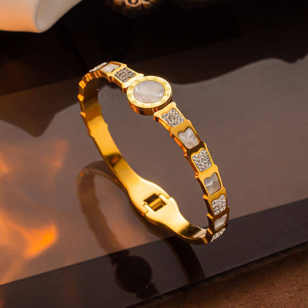 Designs & You Stainless Steel Gold Plated Mother Of Pearl Roman Numerals Ad Studded Bracelet