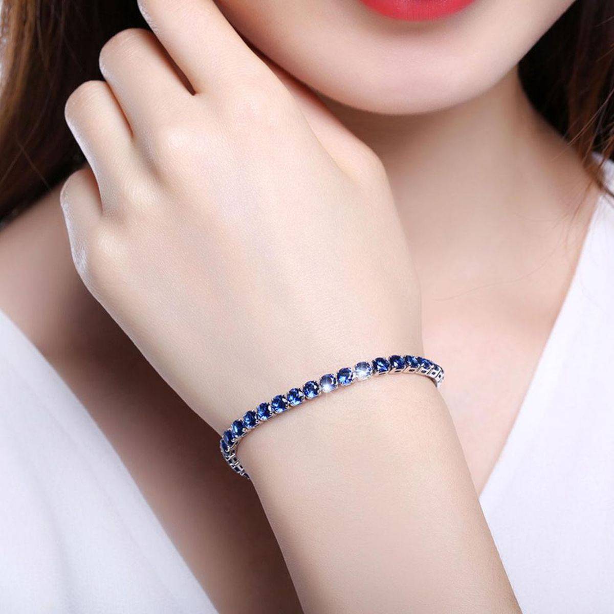 Designs & You Silver Plated Round Cut Cubic Zirconia Blue Matrix Tennis Bracelet