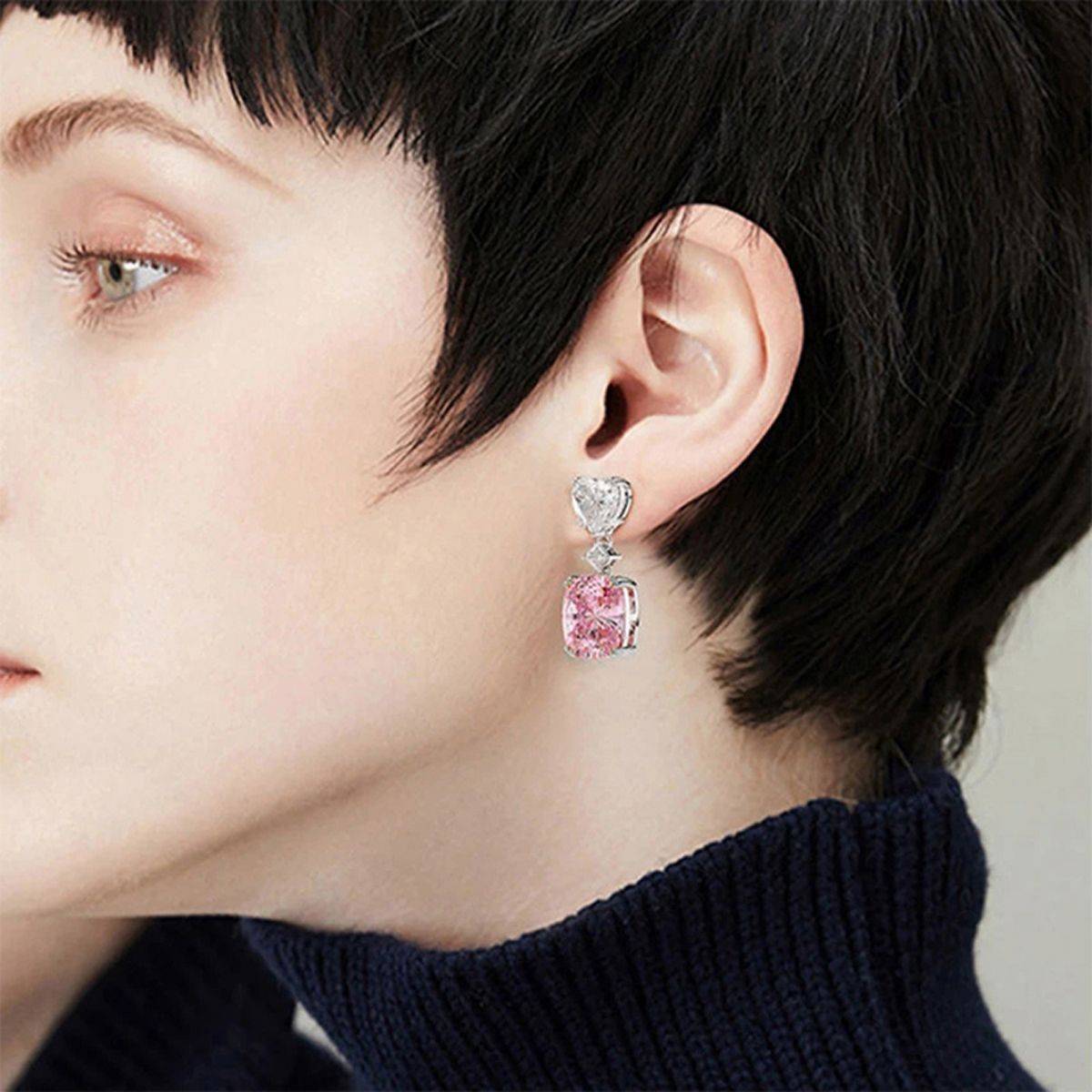 Designs & You Silver Plated American Diamond Silver Heart Inspired Pink Drop Earrings