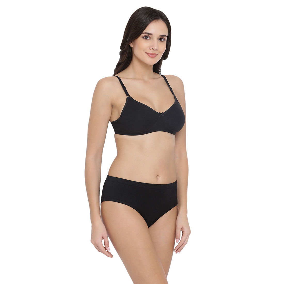 Buy Clovia Cotton Rich Non Padded Wirefree T Shirt Bra And Mid Waist Hipster Panty Black Online 6796